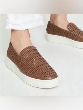 Vince Stafford women's woven leather platform slip-on sneakers tan brown 36.5